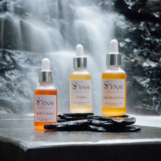 Three skincare serum bottles with 'Sense' branding against a natural background