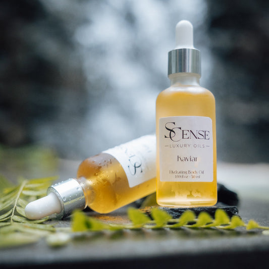 Two bottles of 'Sense' skincare product on a natural background with green leaves.